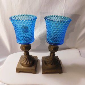 Brass Candle Stick Holders and Two Blue Hobnail Peg Votive Cup Candle Holders